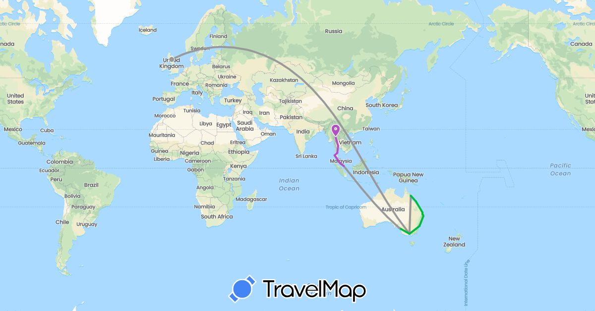TravelMap itinerary: driving, bus, plane, train in Australia, United Kingdom, Malaysia, Singapore, Thailand (Asia, Europe, Oceania)